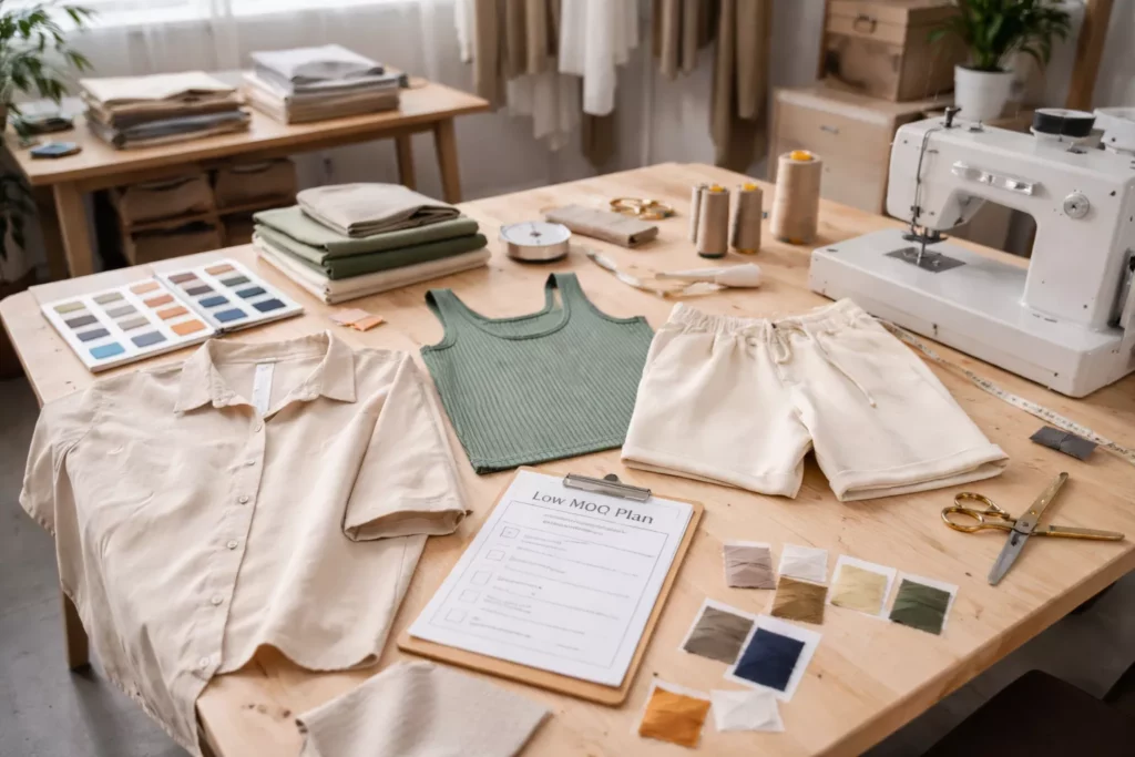 Limited-run clothing production with a few garment samples, low MOQ apparel workflow, fabric swatches, sewing table, and startup fashion brand planning scene