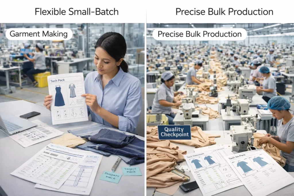 Comparison concept showing flexible small-batch garment making versus precise bulk production workflow, with tech packs, measurement sheets, sewing lines, and quality checkpoints