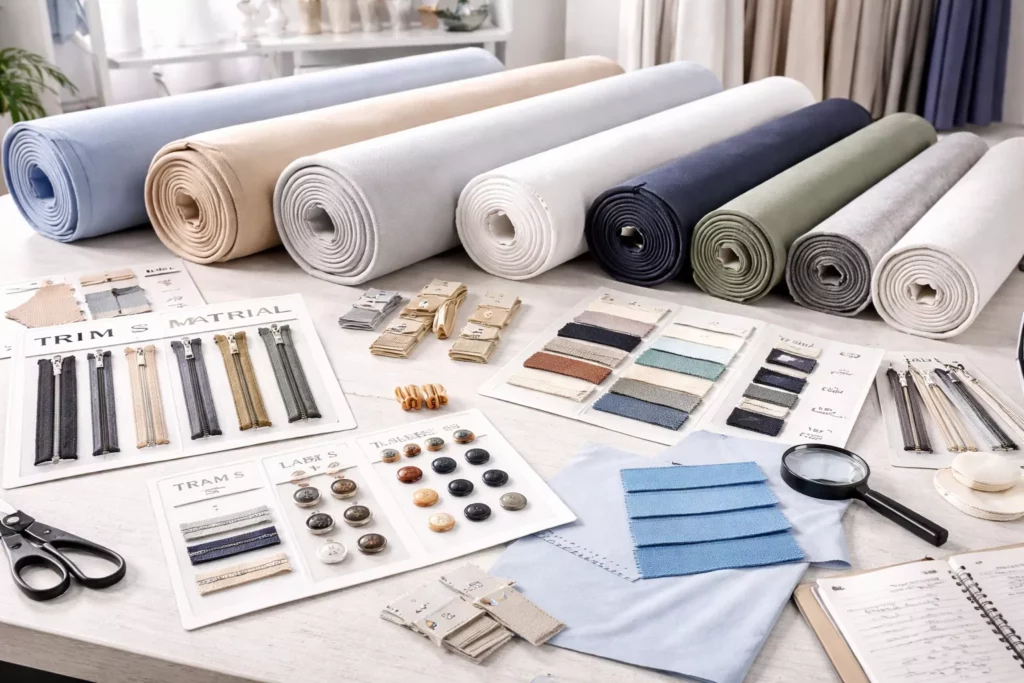 Bulk apparel material sourcing scene with fabric rolls, trim cards, labels, zippers, buttons, shade bands, and textile inspection setup