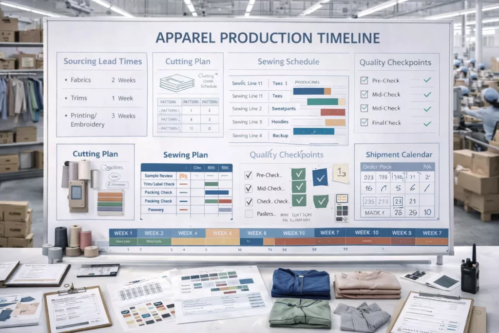 Apparel production timeline board with sourcing lead times, cutting plan, sewing schedule, quality checkpoints, carton planning, and shipment calendar