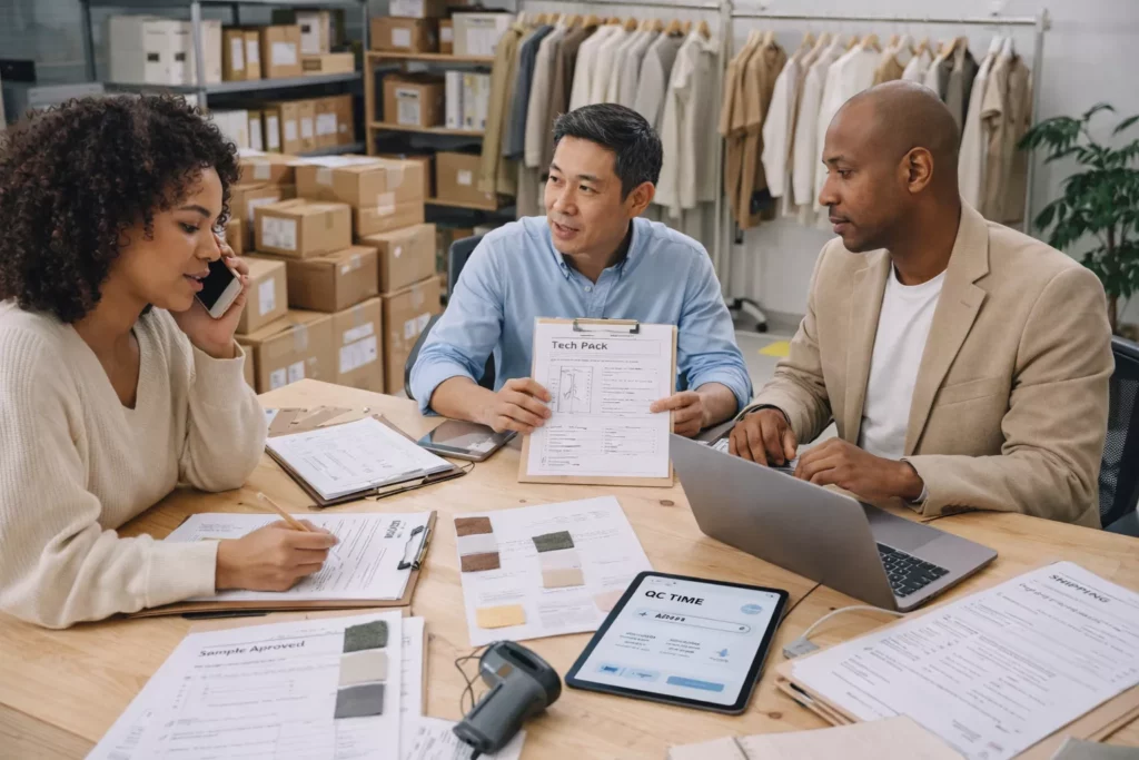 Brand and factory communication workflow with production reports, sample approvals, tech packs, QC updates, and shipment coordination in a modern apparel office environment