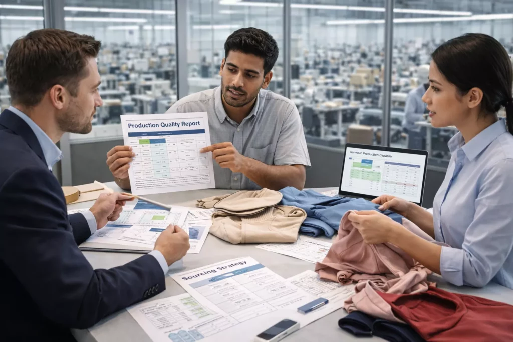 Growing fashion brand meeting with clothing manufacturer to review bulk production capacity, quality reports, garment samples, and sourcing strategy