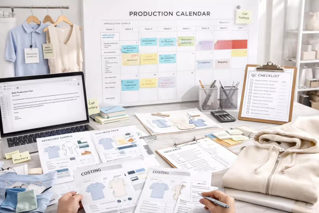 Fashion brand preparing for bulk production with tech packs, approved samples, production calendar, QC checklist, costing sheets, and factory coordination