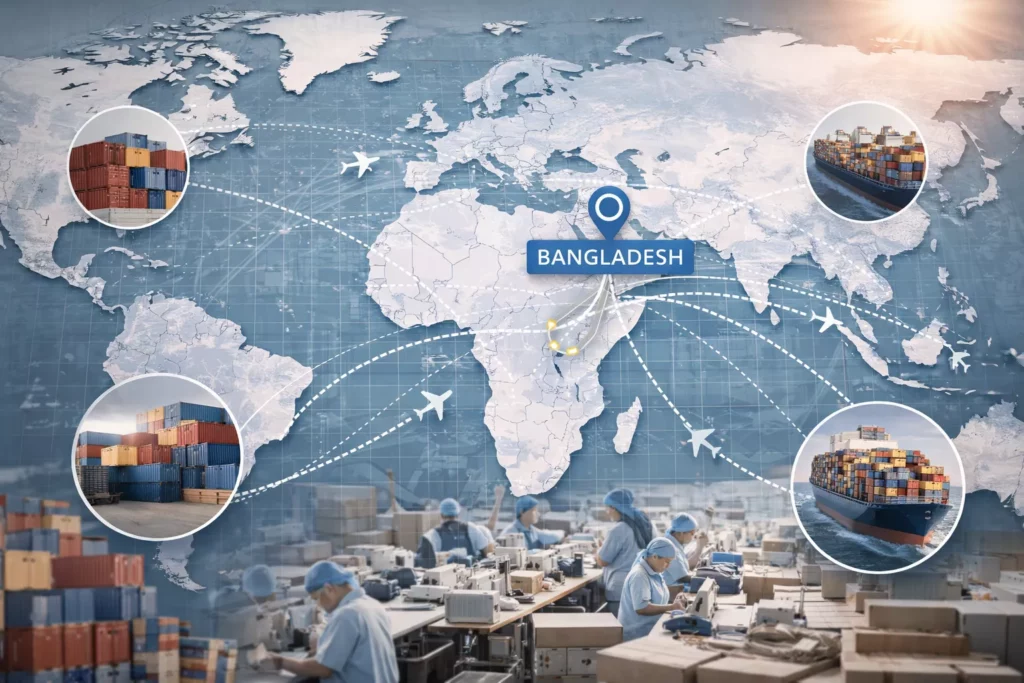World map showing global fashion sourcing connections to Bangladesh, export apparel shipments, factory production, and international clothing trade concept