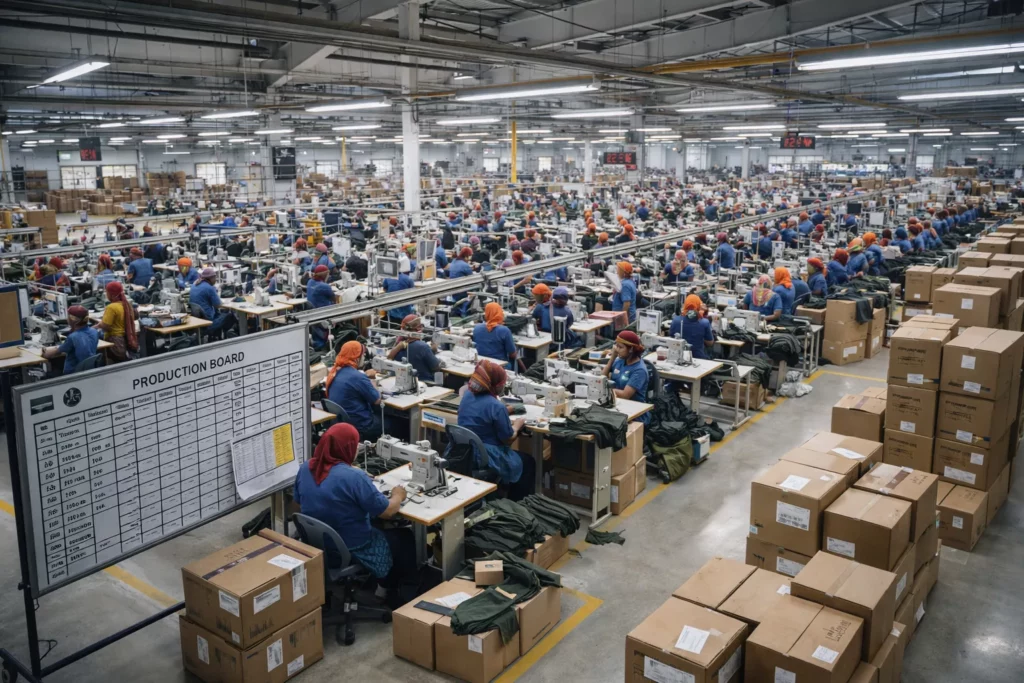 Large Bangladesh garment export factory with multiple sewing lines, bulk apparel orders, organized cartons, and production boards