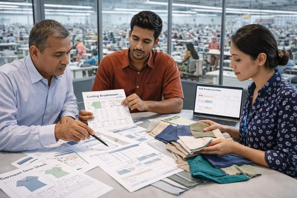 Apparel costing and sourcing scene in Bangladesh with merchandisers reviewing garment specs, cost sheets, fabric swatches, and bulk production plans