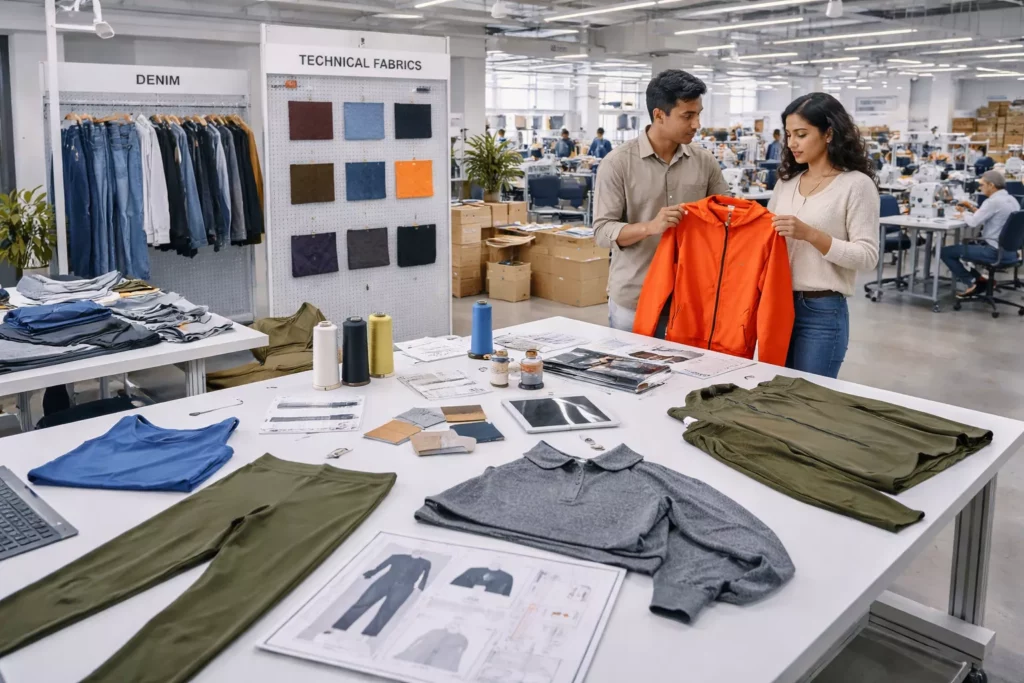 -Bangladesh's apparel innovation scene with modern activewear, denim, knitwear, technical fabrics, and advanced sampling room in a contemporary export factory
