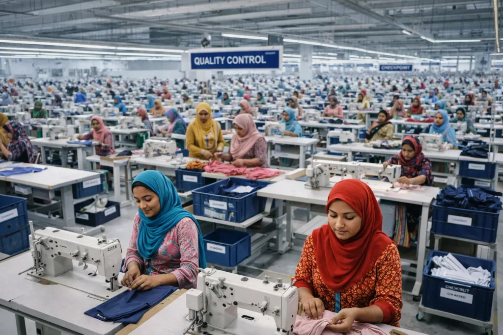 Global apparel sourcing comparison chart featuring Bangladesh, Vietnam, China, and India with Bangladesh highlighted as a major export hub, realistic business infographic style