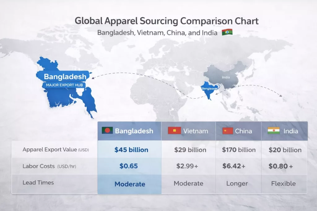Global apparel sourcing comparison chart featuring Bangladesh, Vietnam, China, and India with Bangladesh highlighted as a major export hub,