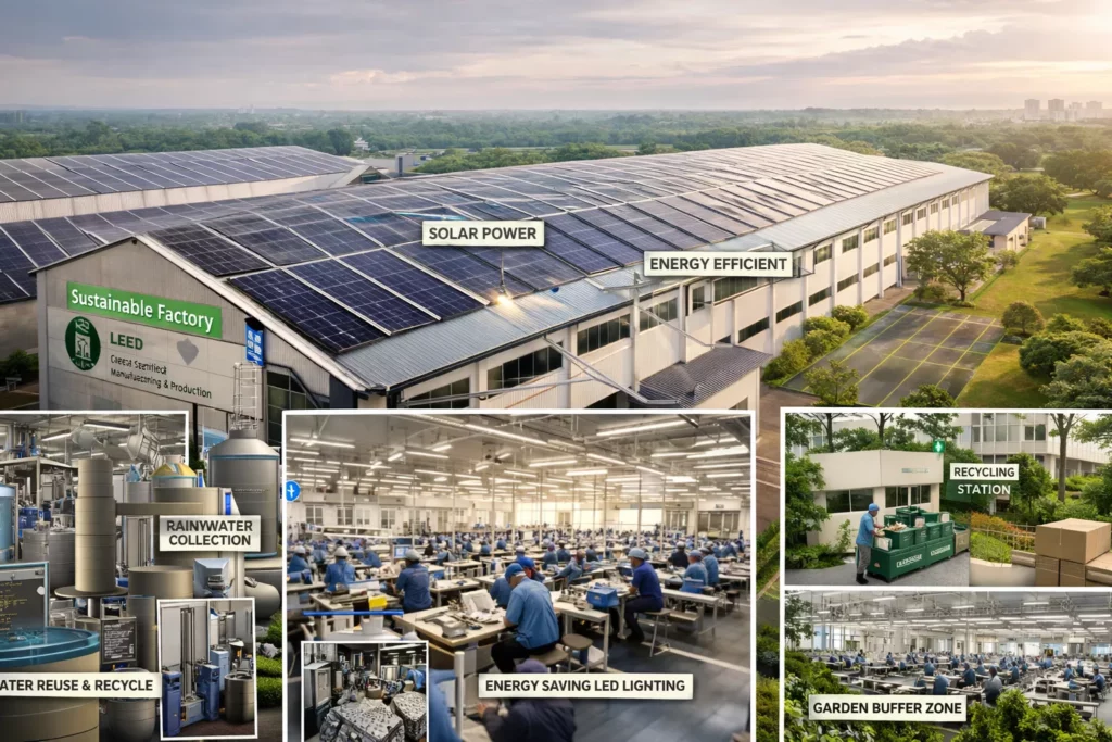 Eco-friendly garment factory with solar panels, energy-efficient production floor, water-saving systems, and LEED-style sustainable apparel manufacturing in a Bangladeshi environment