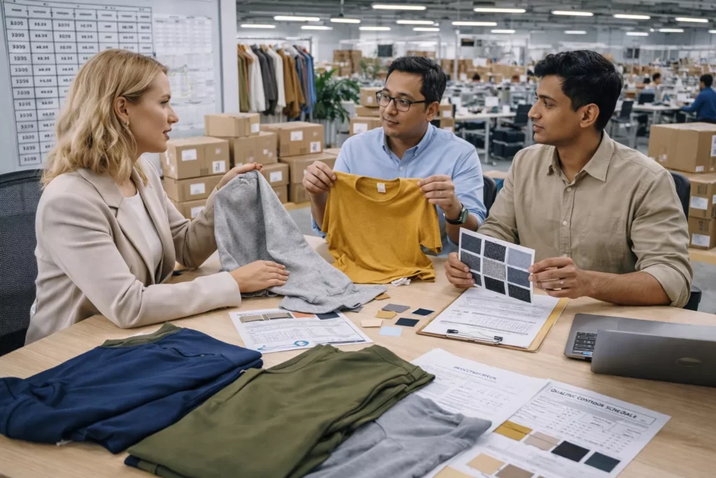 Professional apparel sourcing discussion between an international fashion brand and Bangladesh manufacturing team reviewing garment samples, fabric swatches, export cartons, production schedules, and quality control reports in a modern factory office