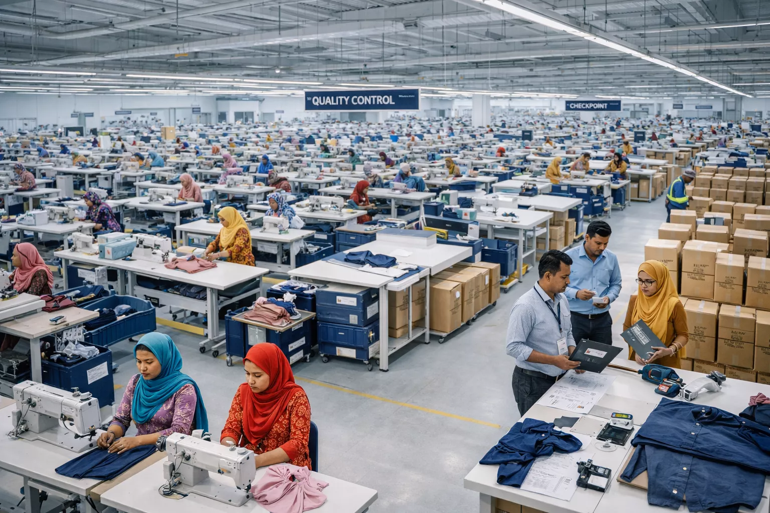 A modern Bangladesh apparel manufacturing facility producing export-quality clothing for global fashion brands, organized sewing lines, fabric inspection tables, quality control checkpoints, modern merchandisers reviewing tech packs, cartons prepared for export