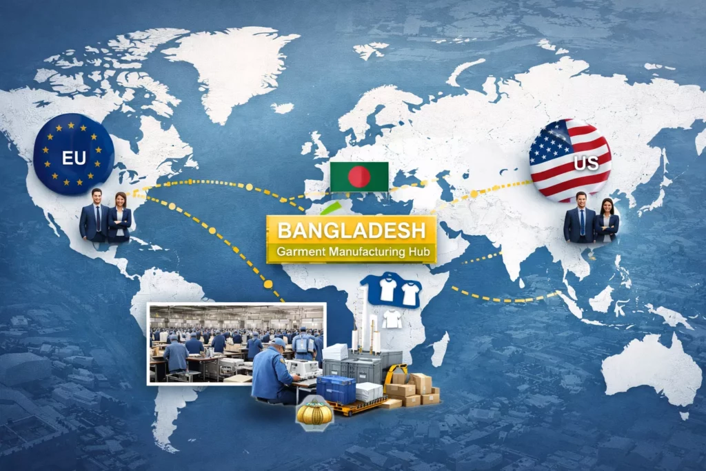 Global sourcing map highlighting Bangladesh as a major garment manufacturing hub, export routes to EU and US, fashion buyers, apparel production icons