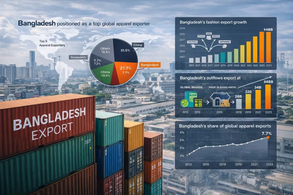 Bangladesh positioned as a top global apparel exporter with shipping containers, factory skyline, international trade charts, and fashion supply chain visuals