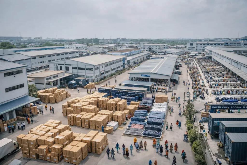 Large Bangladesh garment production ecosystem with multiple factories, worker teams, export cartons, textile units, and industrial apparel scale shown visually