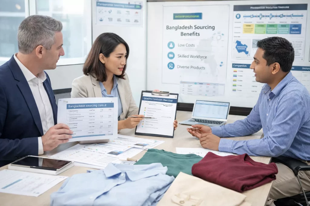International buyers reviewing Bangladesh sourcing benefits with garment samples, cost sheets, QC files, production plans, and supplier comparison boards,