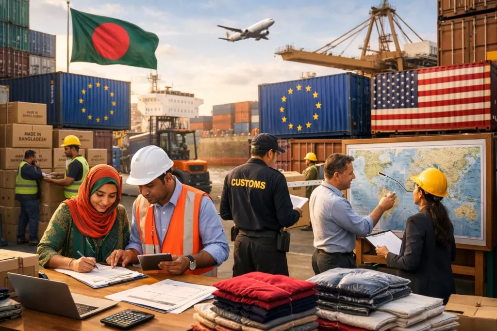Apparel export trade scene with Bangladesh shipments heading to EU and US markets, customs paperwork, containers