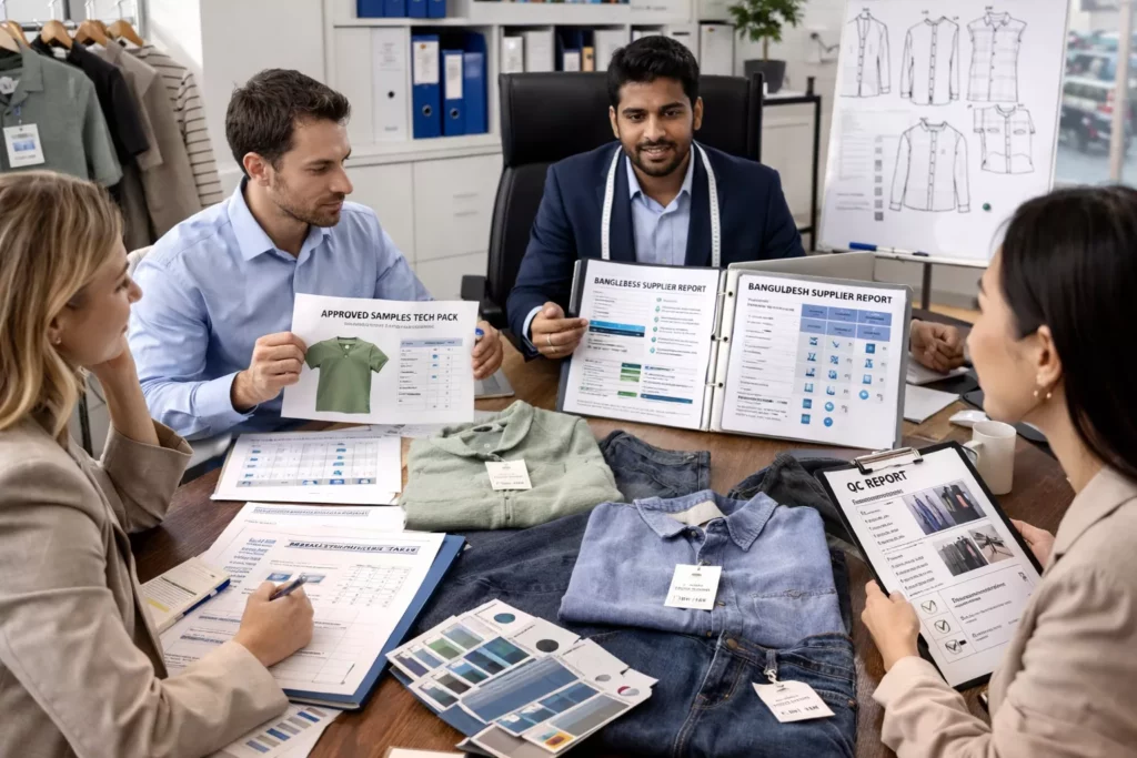 Foreign buyer evaluating Bangladesh supplier with approved samples on table, tech packs, compliance files, measurement charts, QC reports, and fabric swatches in a professional sourcing office
