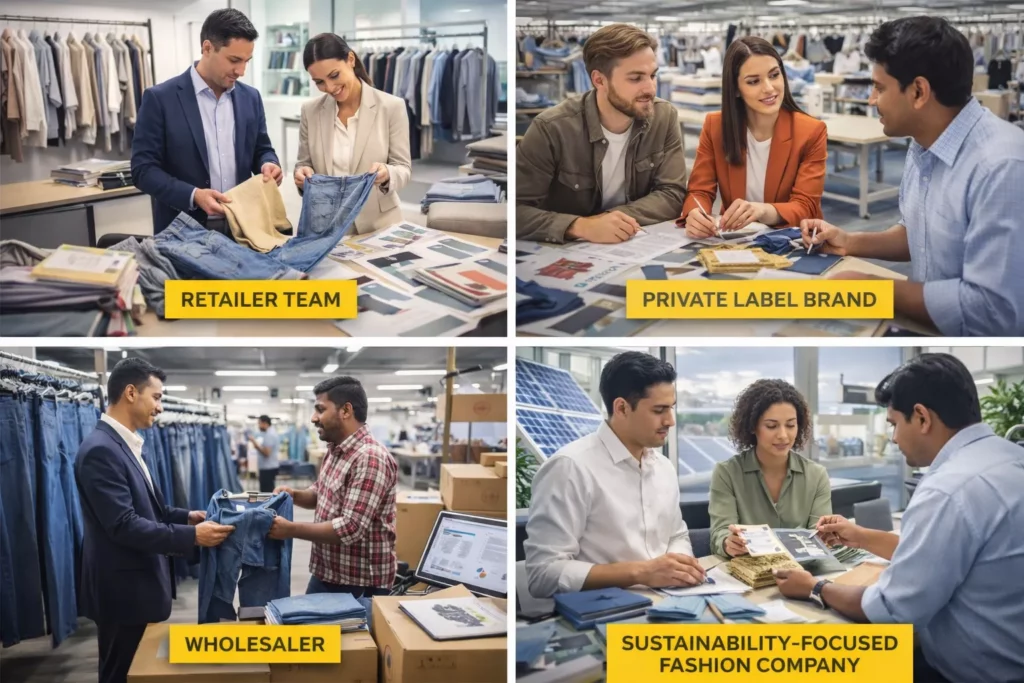 Different foreign buyer types reviewing Bangladesh sourcing options, including retailer team, private label brand, wholesaler, and sustainability