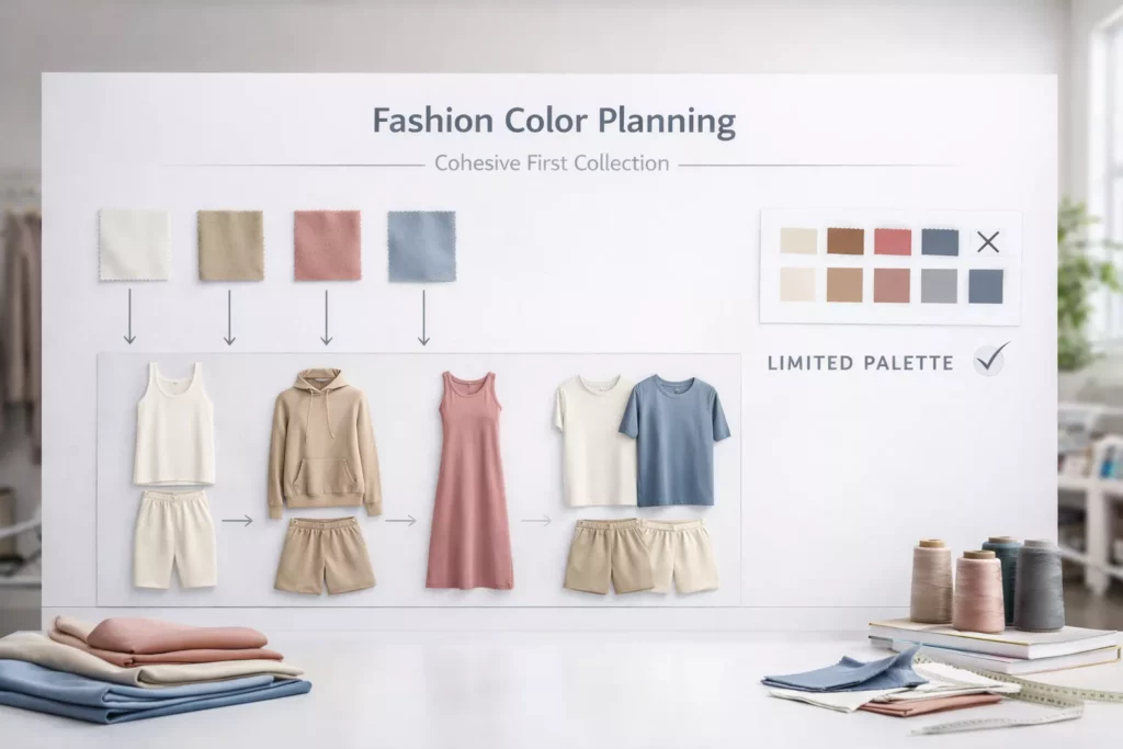 Fashion color planning board showing how a limited palette creates a cohesive first collection, with fabric swatches and garment mockups