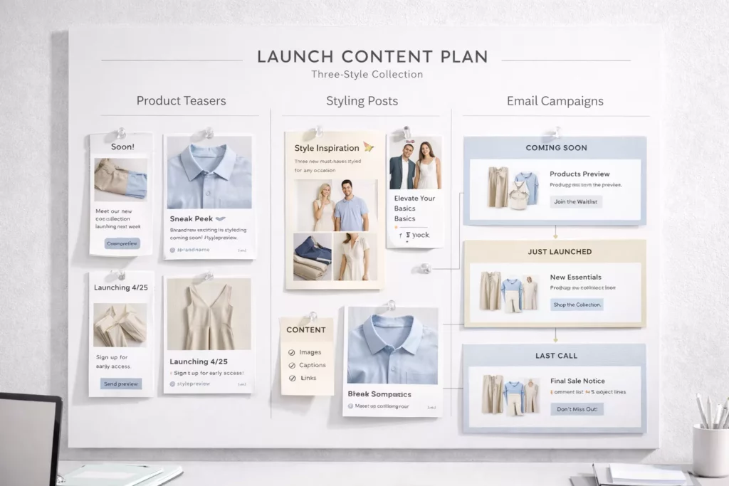Launch content plan for a three-style collection with product teasers, styling posts, and email campaign mapping on a wall board