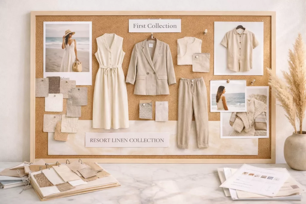 Editorial-style first collection mood board showing cohesive garments, shared textures, color harmony, and unified brand tone