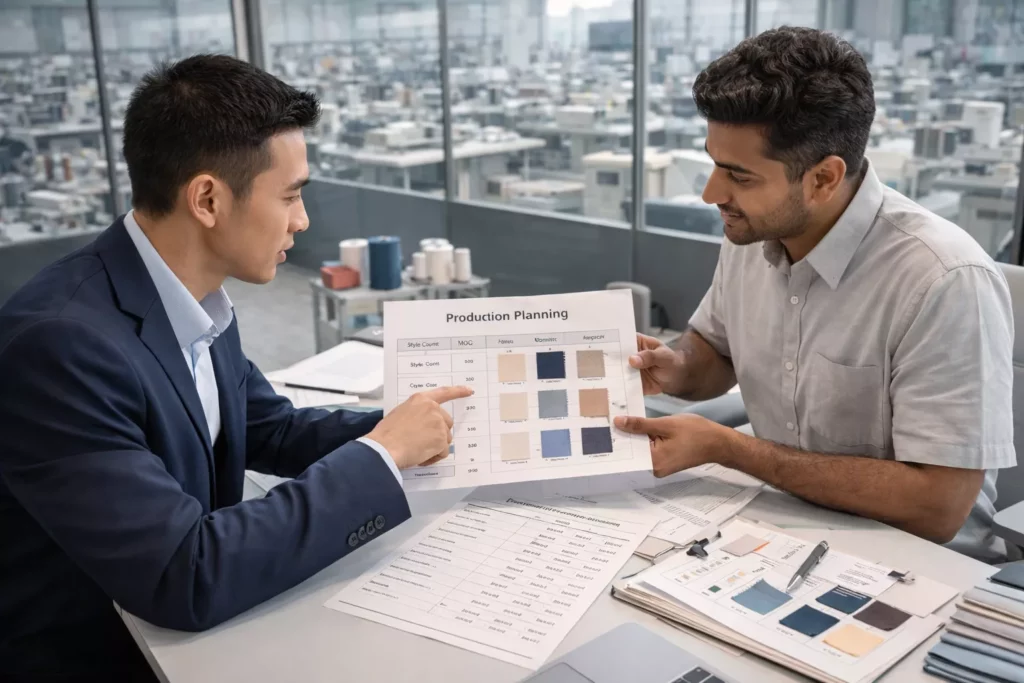 Founder and manufacturer reviewing style count, MOQ, and shared fabric options on a production planning sheet in a factory office