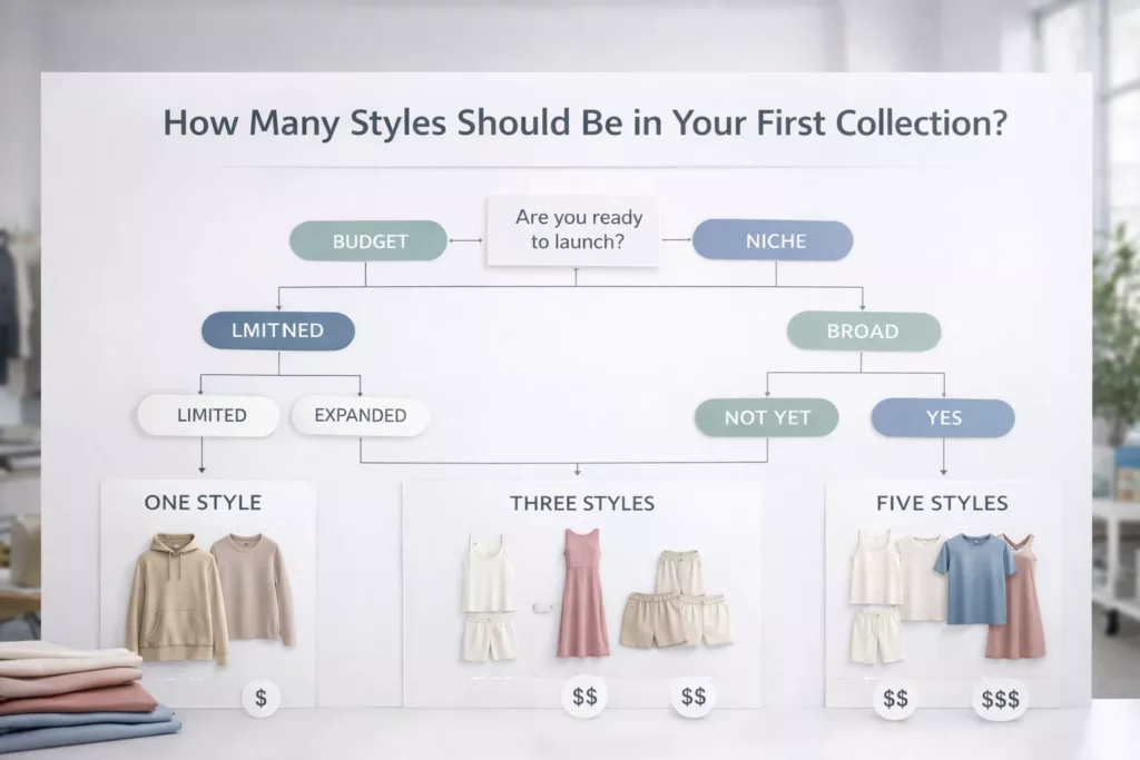 Decision-tree style infographic helping founders choose between one-style, three-style, or five-style first collections based on budget