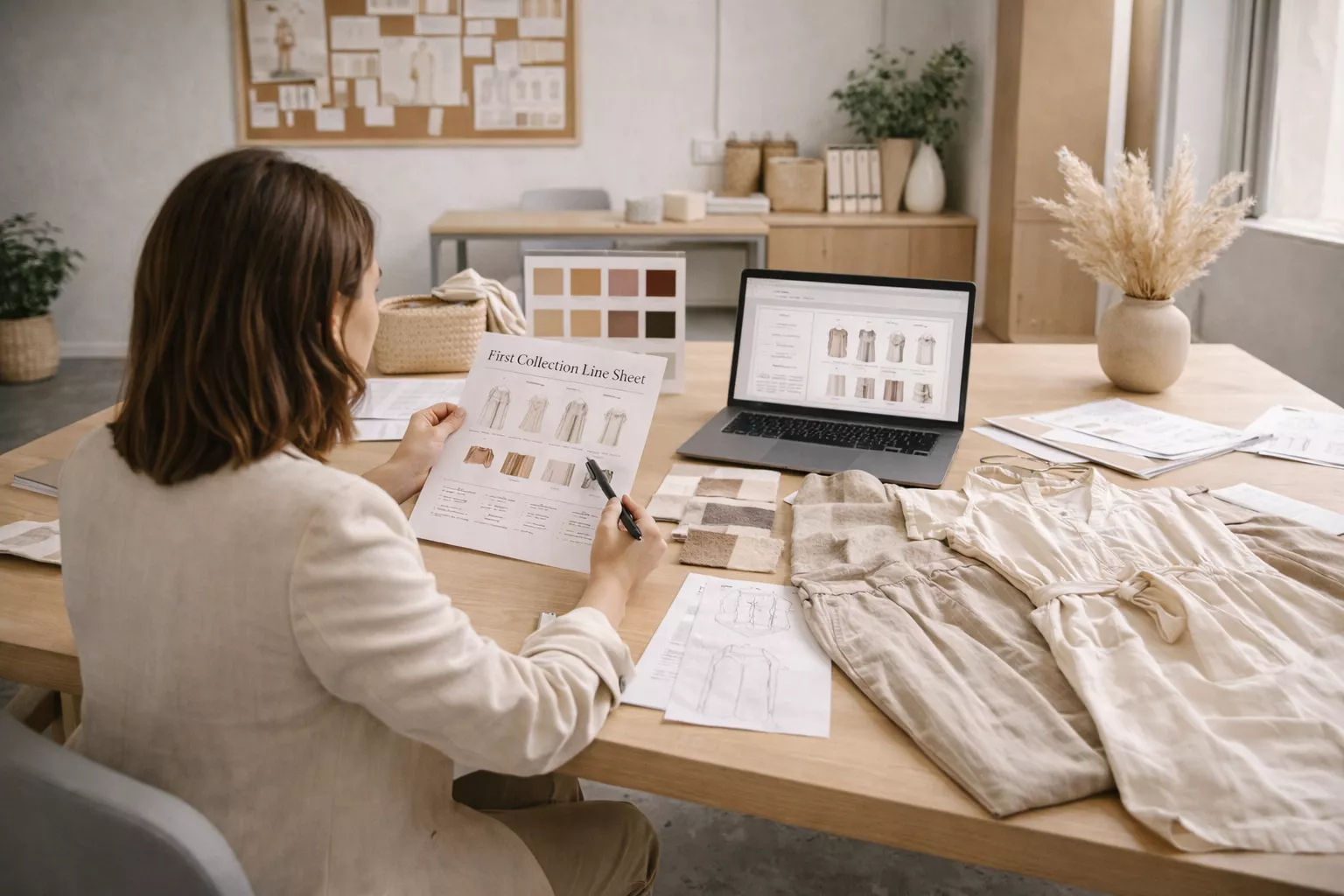 fashion startup planning scene with a founder reviewing a first collection line sheet on a desk, surrounded by fabric swatches, color cards, sample garments, sketches