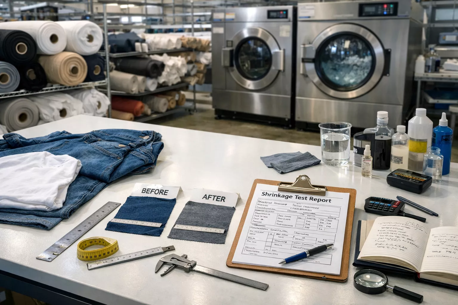 a realistic apparel factory quality control scene showing fabric rolls, shrinkage test swatches, a washing machine test setup, measuring rulers, lab notes, and garment samples on a clean inspection table, modern textile production environment