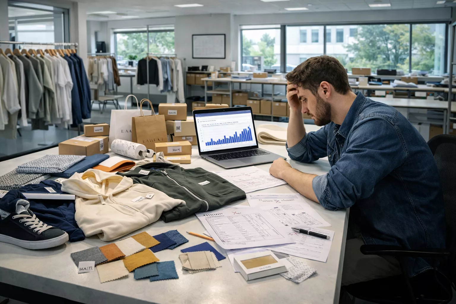 a realistic fashion startup workspace showing a new clothing brand founder surrounded by sample garments, failed design drafts, pricing sheets, fabric swatches, packaging mockups, and a laptop with an ecommerce dashboard, modern studio office