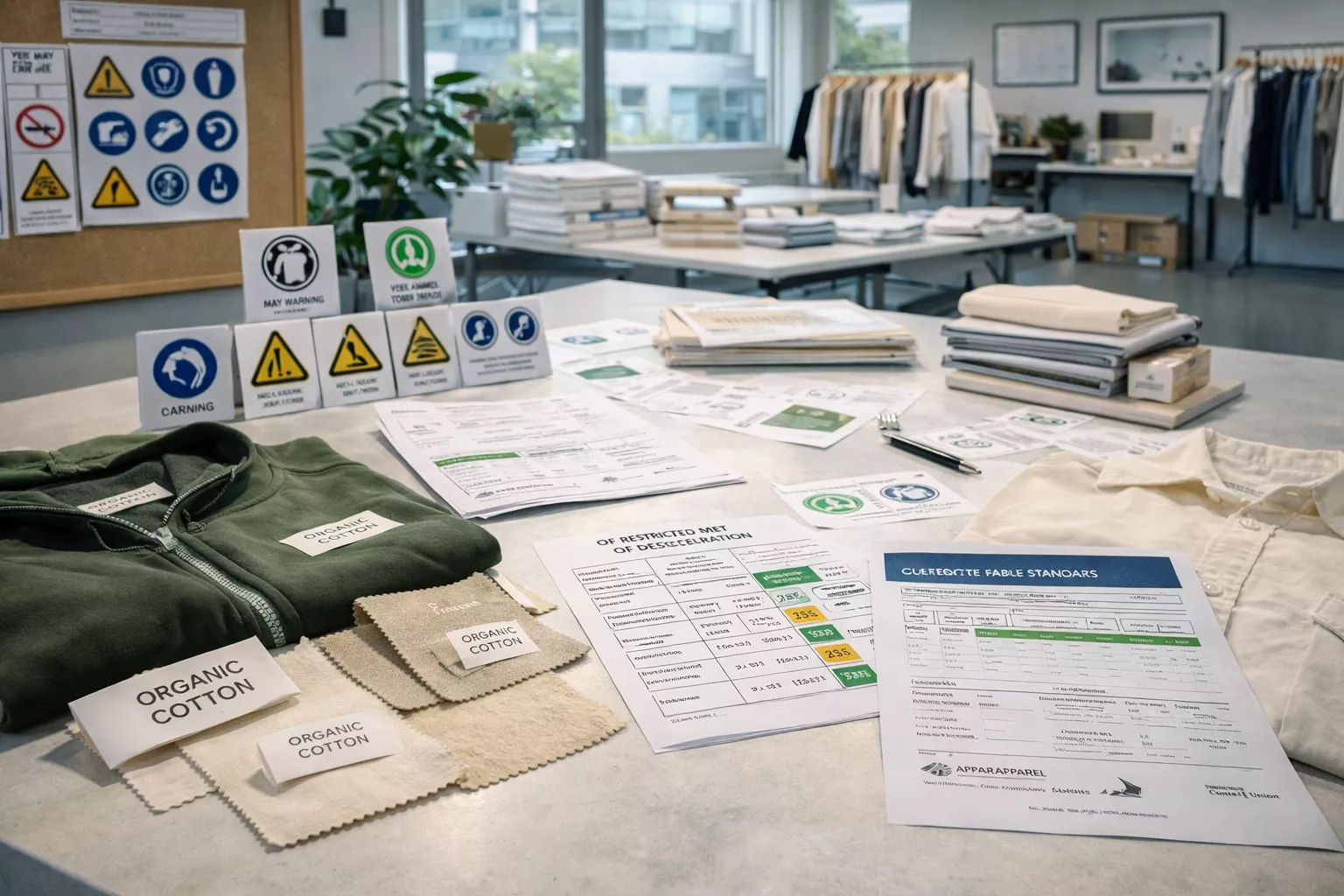 a realistic apparel compliance and certification workspace showing garment labels, organic cotton fabric swatches, lab-tested textile reports, PPE warning symbols, certification documents, and sample garments arranged on a professional desk in a modern fashion office