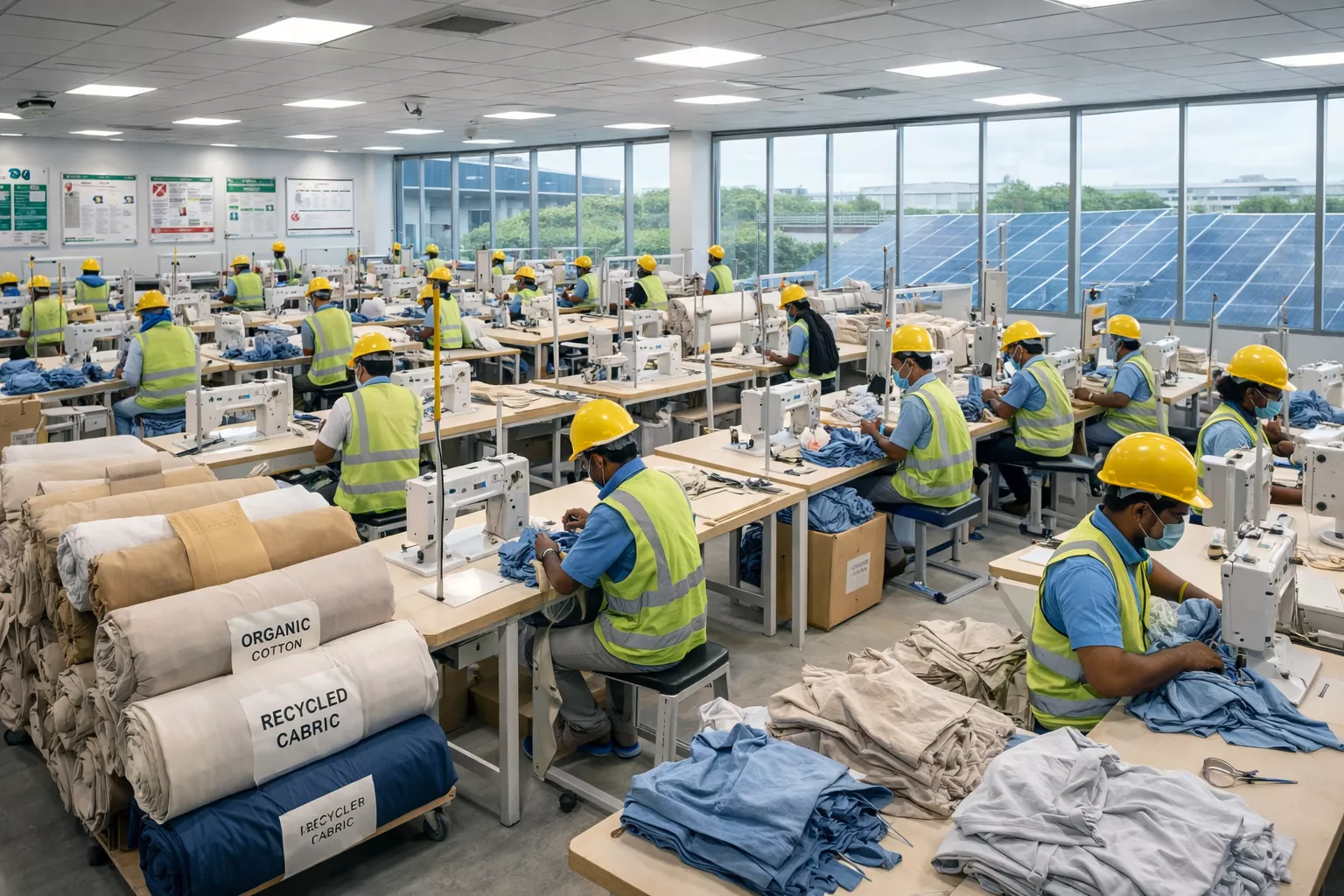 a realistic apparel compliance and certification workspace showing garment labels, organic cotton fabric swatches, lab-tested textile reports, PPE warning symbols, certification documents, and sample garments arranged on a professional desk in a modern fashion office