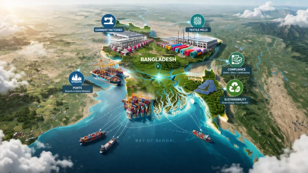 Map-style graphic highlighting Bangladesh with icons for garment factories, textile mills, ports, compliance, and sustainability, clean modern infographic