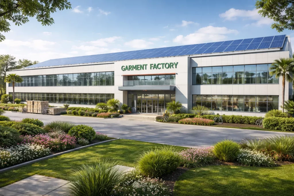 Exterior view of a modern eco-friendly garment factory building with landscaped surroundings, large windows, solar panels, clean signage