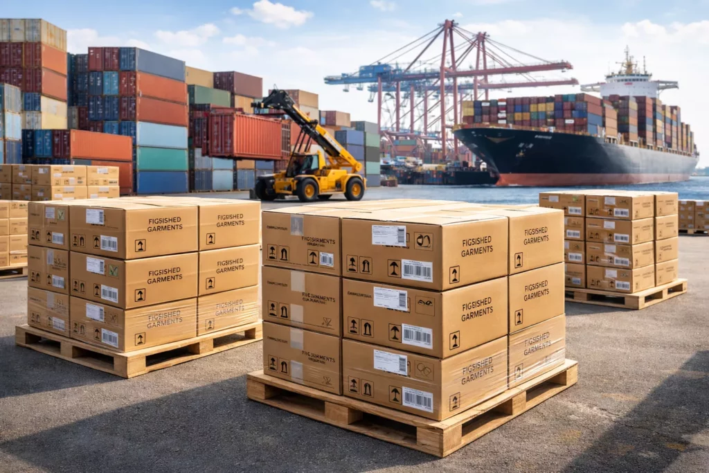 Logistics scene showing finished garment cartons stacked neatly on pallets ready for export, port container background