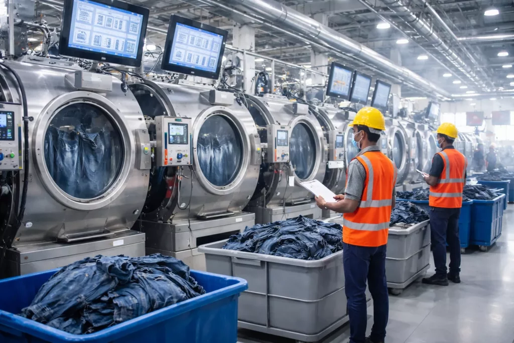 Denim washing facility with modern machines, workers in safety gear, clean environment, monitoring screens