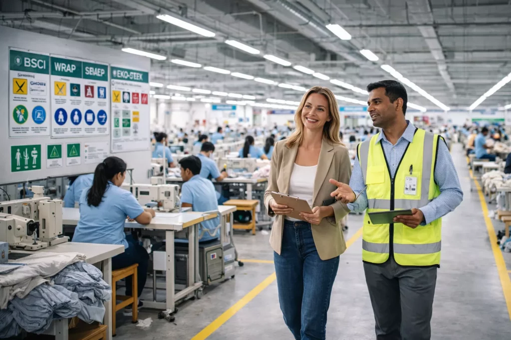 Brand representative touring Bangladesh factory with manager, reviewing production lines and compliance boards
