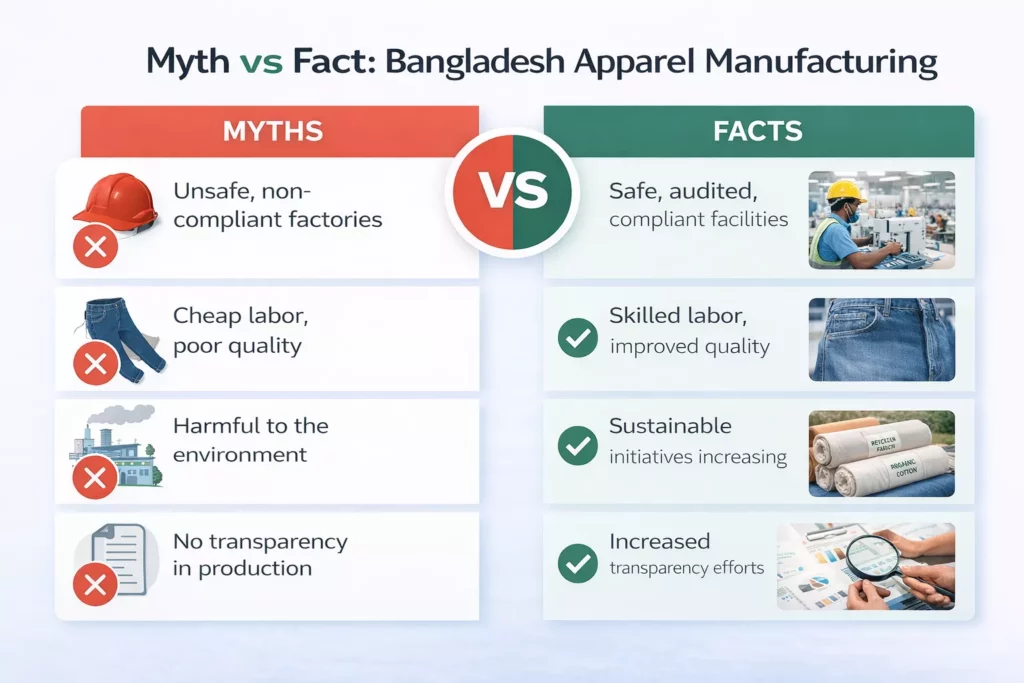 Myth vs fact infographic about Bangladesh apparel manufacturing