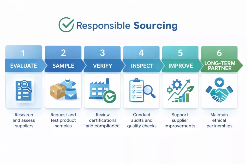 Checklist visual showing responsible sourcing steps: evaluate, sample, verify, inspect, improve, long-term partner, modern infographic style