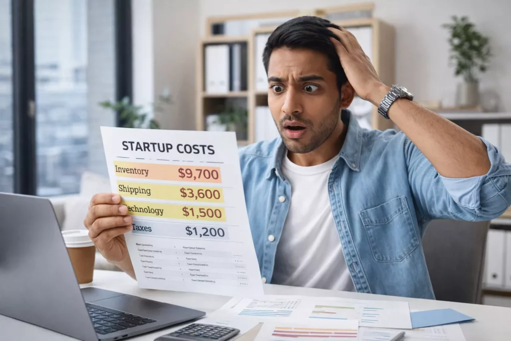 Founder looking at a startup cost sheet with surprise expense categories highlighted, including inventory, shipping, technology, and taxes, realistic modern office scene