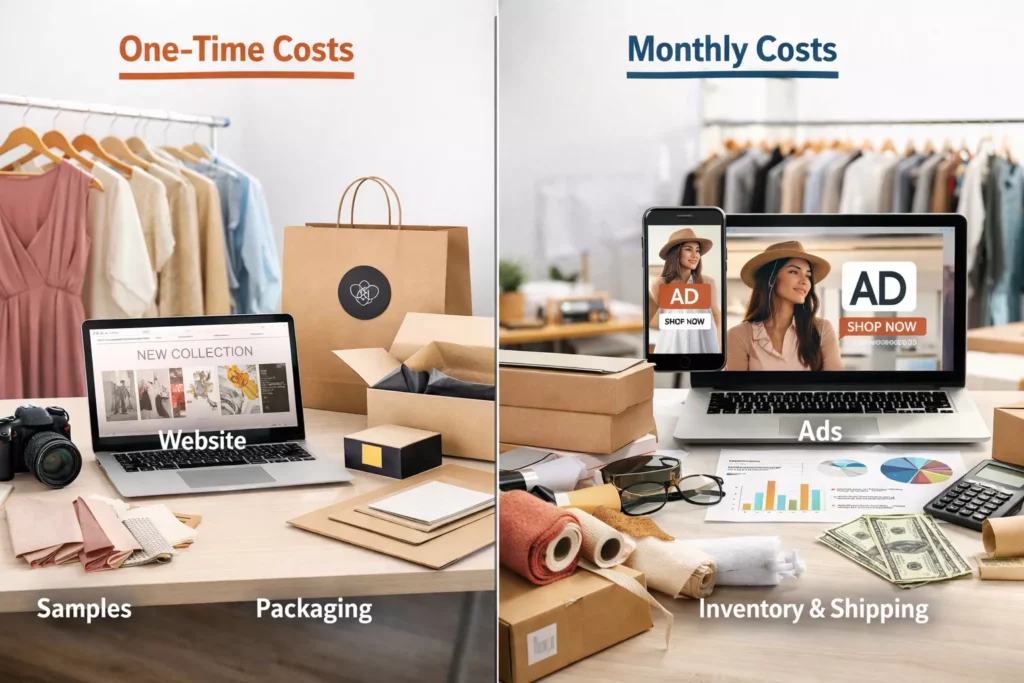 Split-screen budgeting image showing one-time costs on one side and monthly costs on the other, with fashion startup icons like samples, website, ads, and packaging