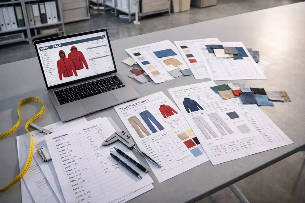 Apparel product development workspace with tech pack pages, flat sketches, measurement notes, and fabric swatches beside a laptop