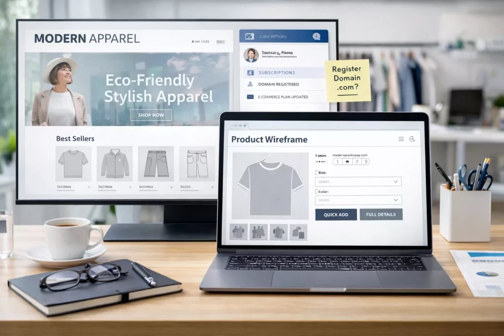 Modern clothing ecommerce website setup scene with homepage mockup, domain notes, subscription dashboard, and product page wireframes on laptop