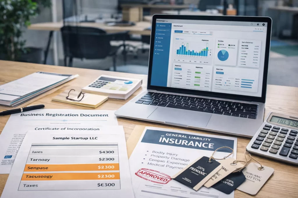 Startup legal and admin desk with business registration papers, calculator, accounting software dashboard, insurance document, and clothing label samples