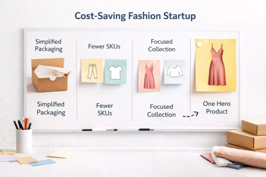 Cost-saving fashion startup concept showing simplified packaging, fewer SKUs, focused collection, and one hero product highlighted on a planning board