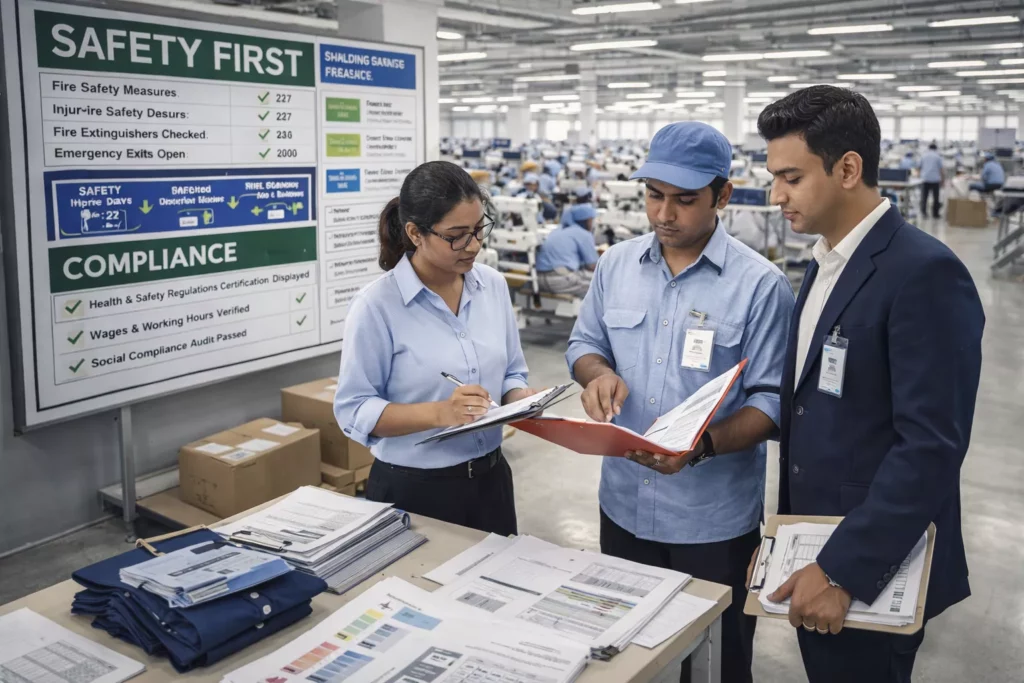 Bangladesh apparel factory compliance review with inspectors, safety boards, clean production floor, audit documents, and professional manufacturing environment