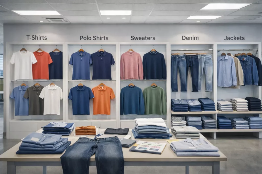 Bangladesh apparel category showcase featuring T-shirts, polo shirts, sweaters, denim, shirts, and jackets displayed in a modern export sampling room