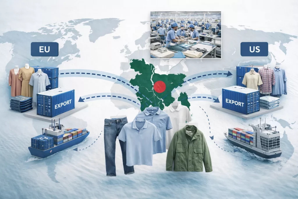 Apparel trade visualization showing Bangladesh exports flowing to EU and US markets with garments, containers, shipping routes, and sourcing map elements
