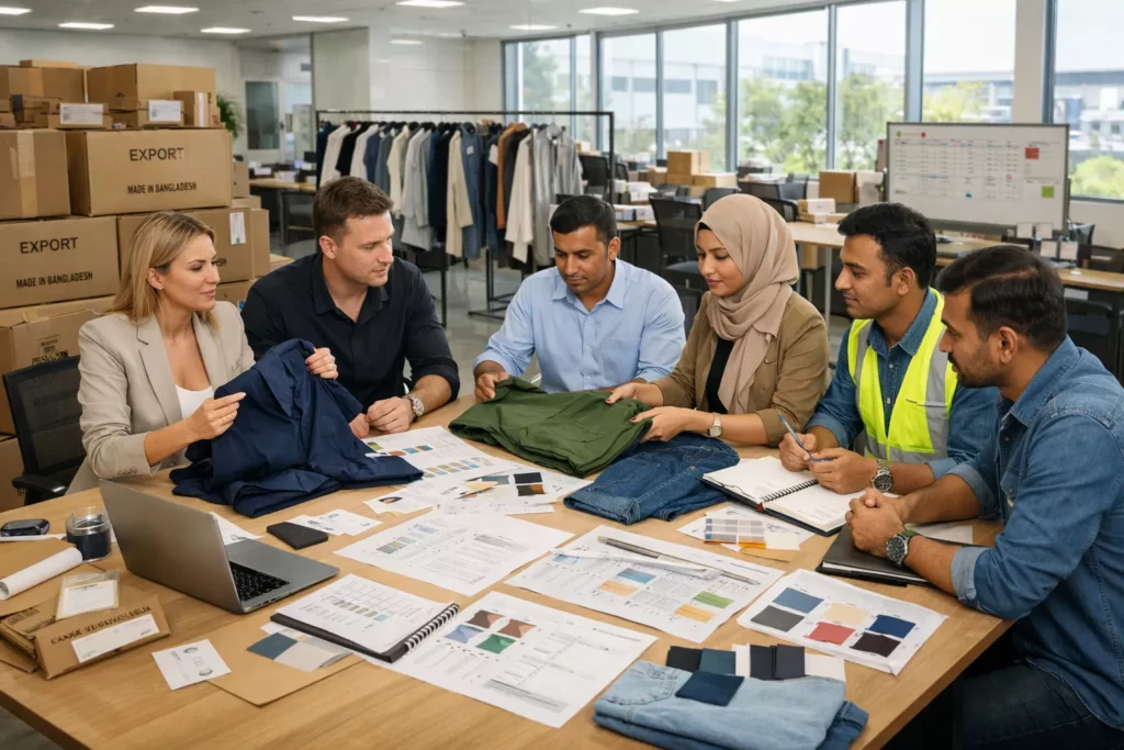 Professional apparel sourcing meeting between a fashion brand and Bangladesh manufacturing team reviewing garment samples, tech packs, production schedules, and export cartons in a modern factory office